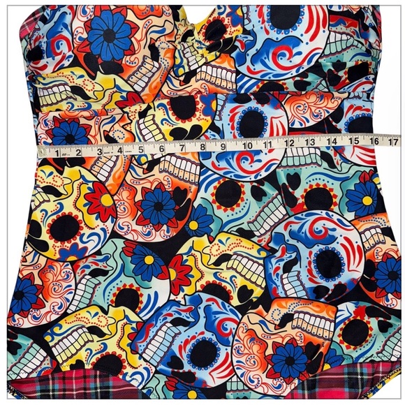 Sugar Skull Floral Swimsuit 4X Fits Like 2X One Piece Plaid Trim Halter Retro - Picture 8 of 8